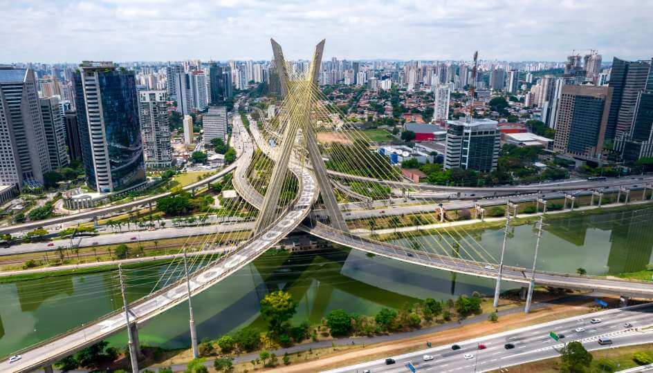 Aerial view of Estaiada's bridge in Marginal Pinheiros, São Paulo, Brazil at daytime